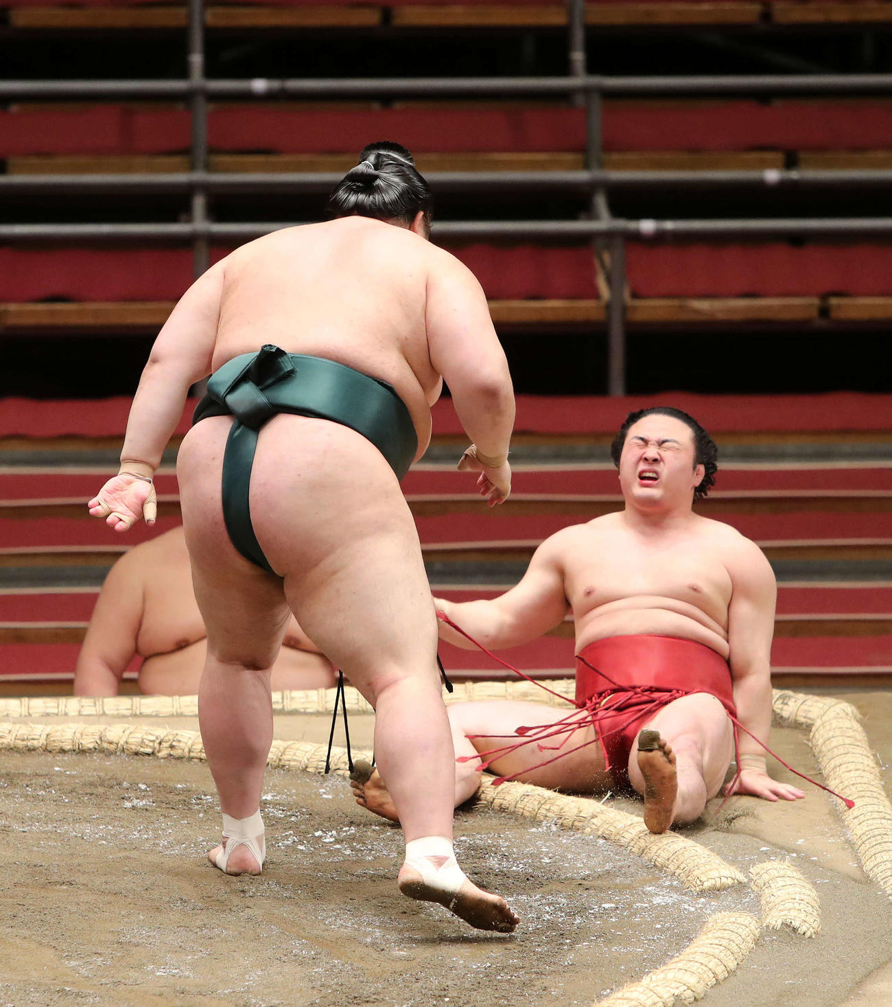 炎鵬（右）を押し倒しで破る豊山（撮影・鈴木正人）