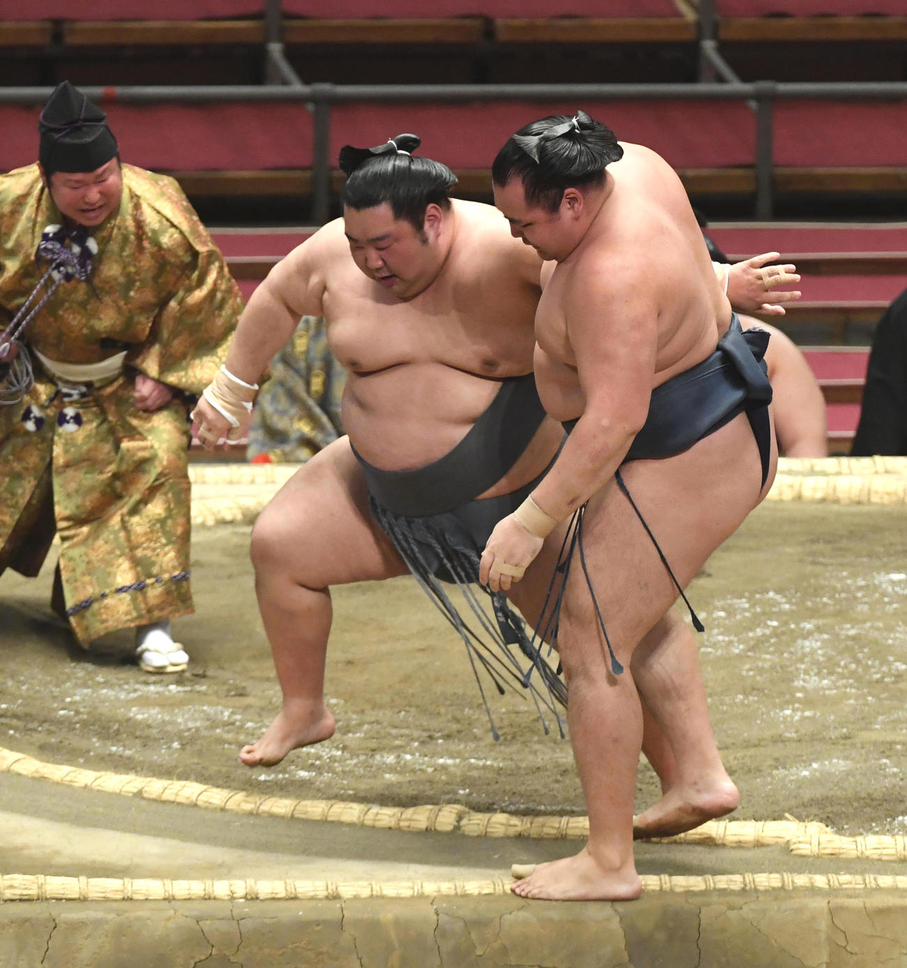 鶴竜（右）を寄り切りで破る徳勝龍（撮影・前岡正明）