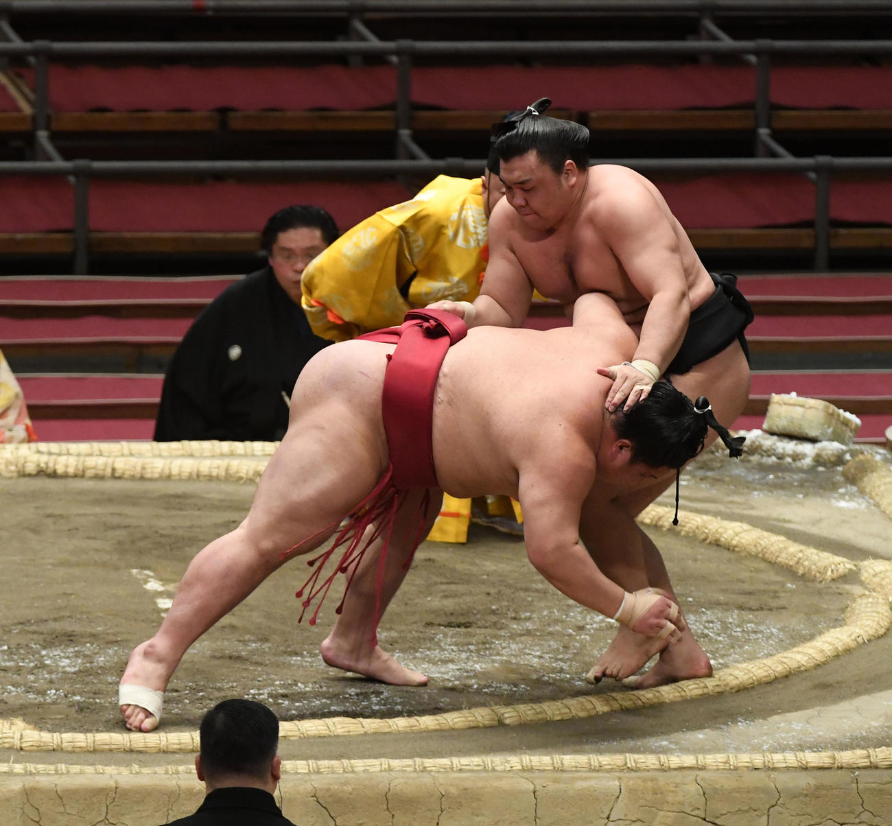 霧馬山（右）は大栄翔を上手投げで破る（撮影・前岡正明）