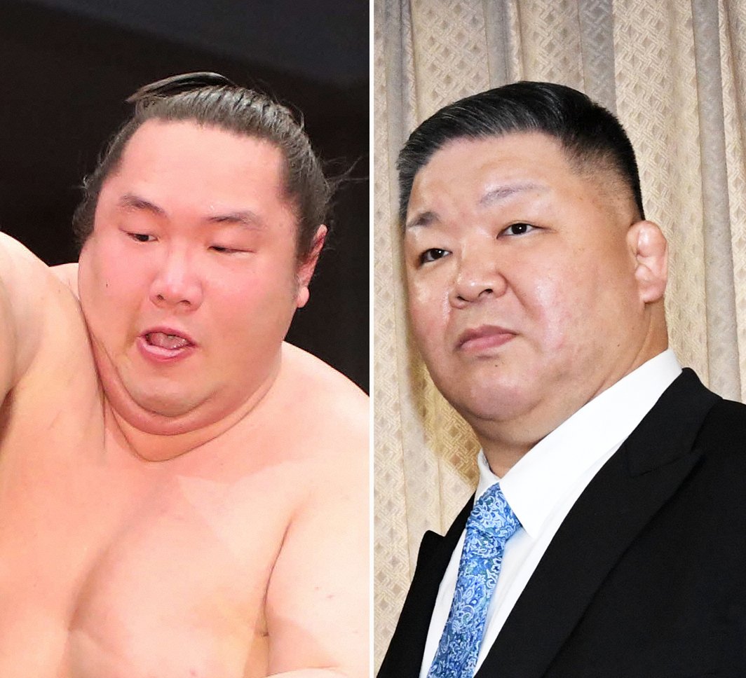 十両白鷹山（左）と高田川親方