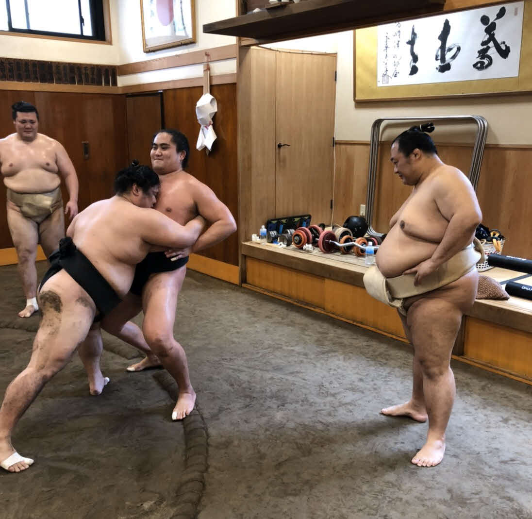 若い衆を指導する元関脇豊ノ島の井筒親方