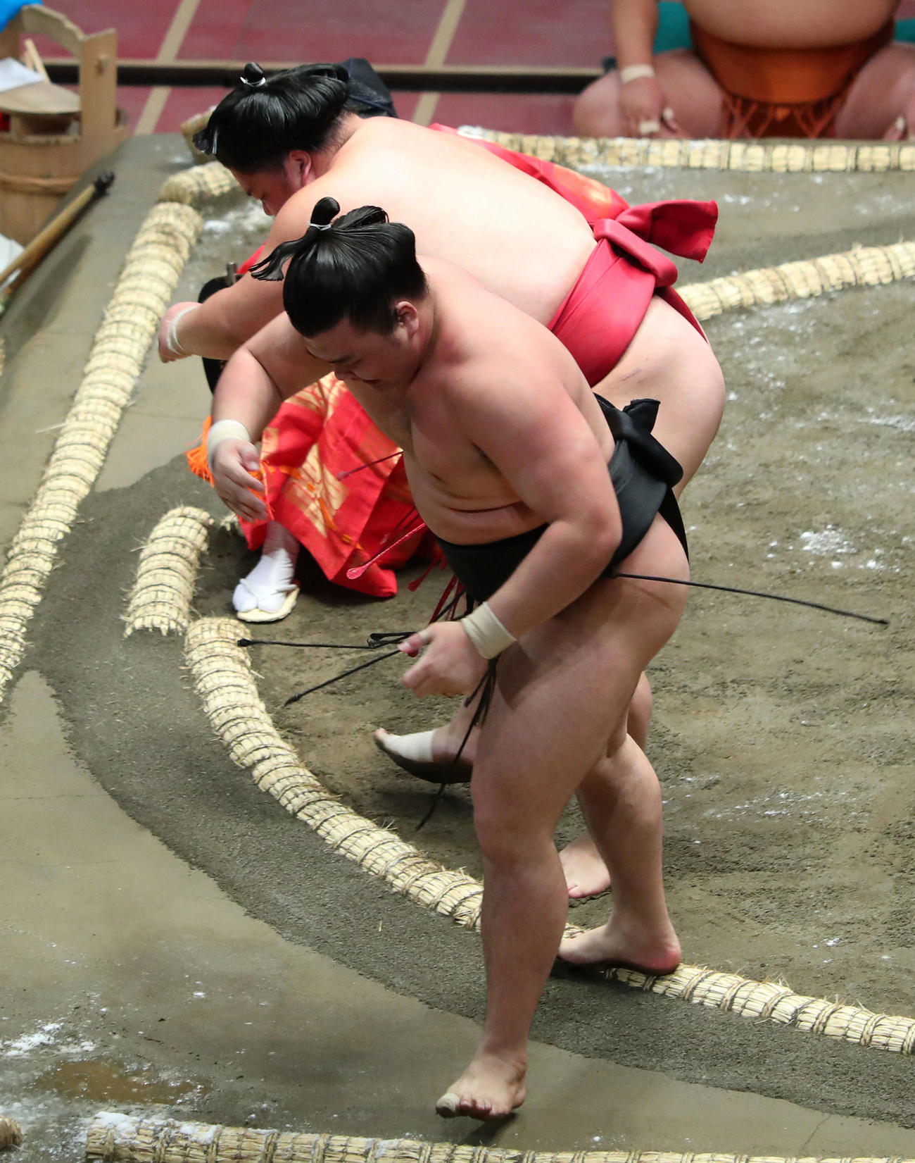 大相撲7月場所初日　大栄翔（奥）にを押し出しで破れる霧馬山（撮影・河田真司）　　