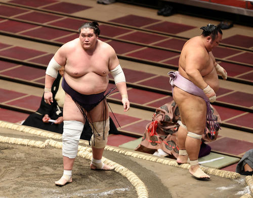 琴勇輝(右)を押し出しで破った照ノ富士(撮影・鈴木正人)