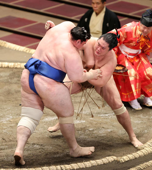 碧山(左)を押し出しで破る輝(撮影・鈴木正人)