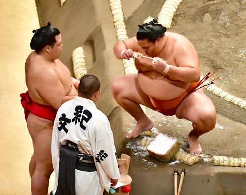 御嶽海は新型コロナウイルス感染対策のため水付けをせず形だけ行う。左は阿武咲(撮影・小沢裕)