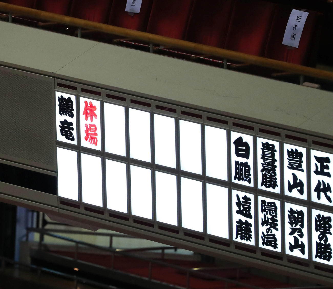 鶴竜の休場を知らせる電光板（撮影・河田真司）
