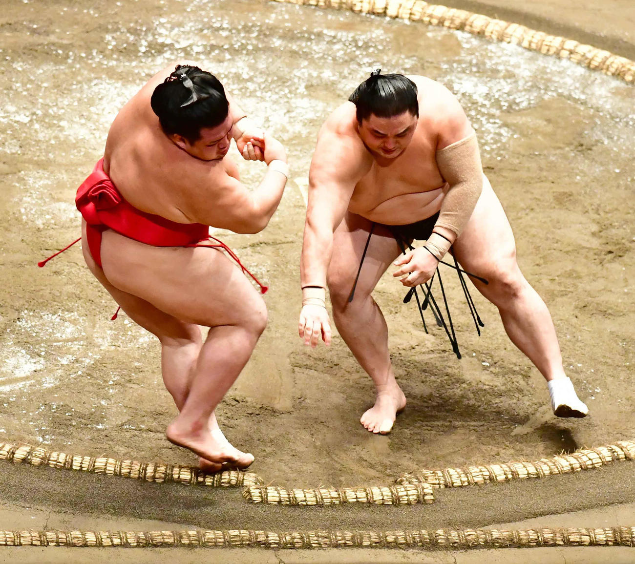 隠岐の海（右）は押し出しで阿武咲を下す（撮影・小沢裕）