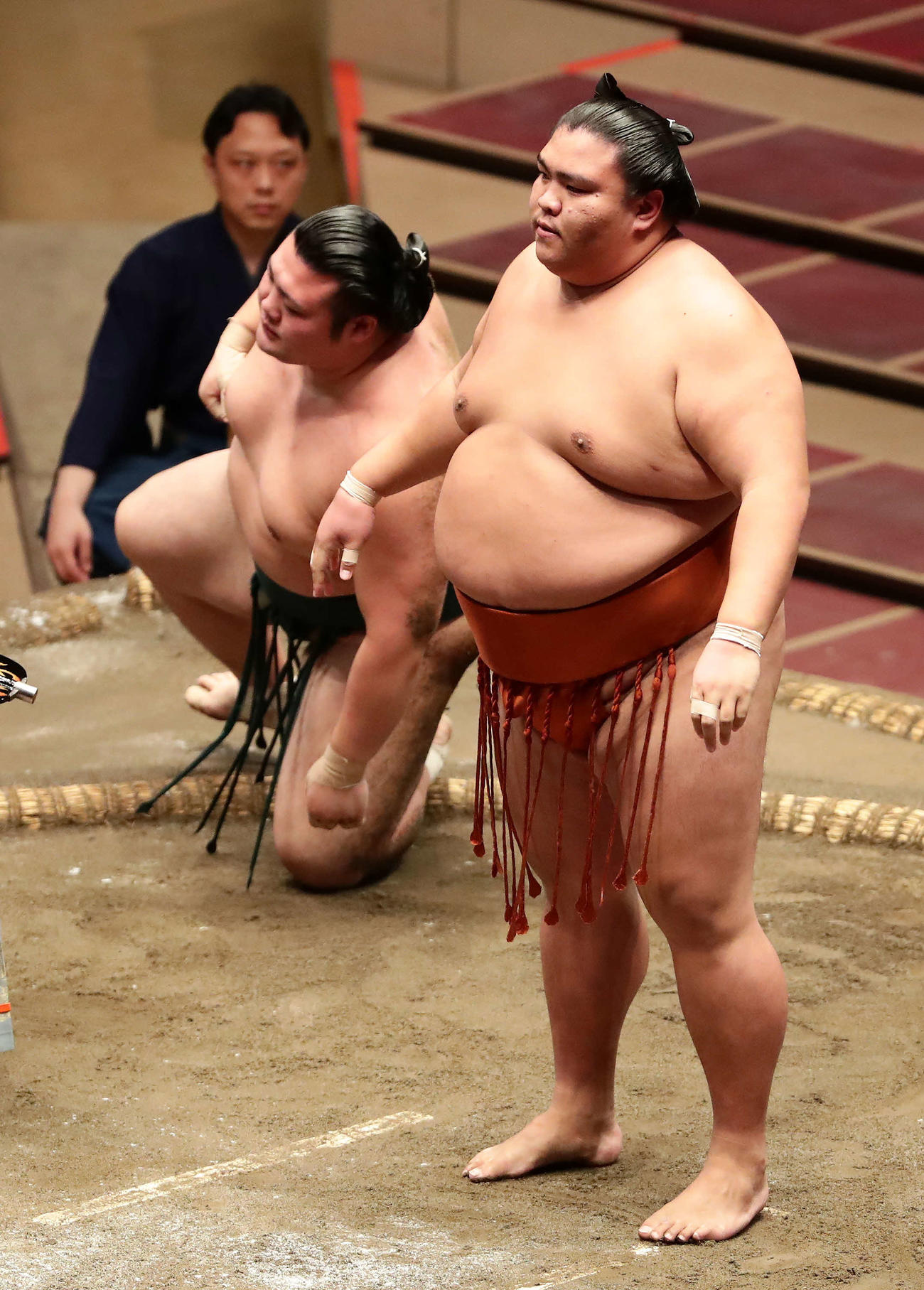 豊山を突き落としで破って胸を張る御嶽海（撮影・丹羽敏通）