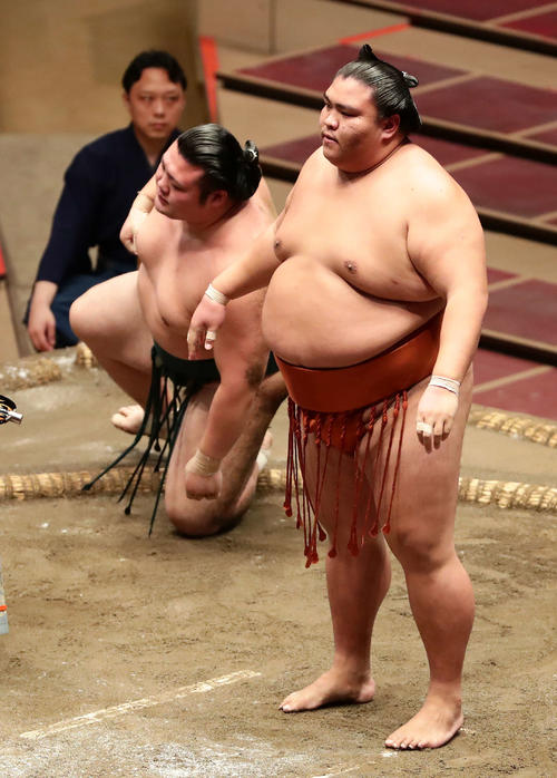豊山を突き落としで破って胸を張る御嶽海（撮影・丹羽敏通）