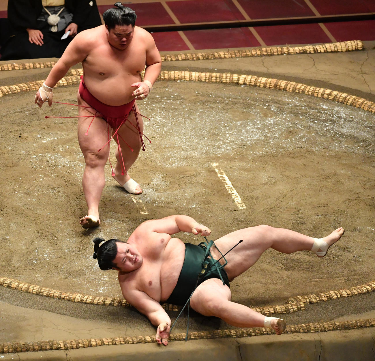 大栄翔（上）は豊山を突き落としで破る（撮影・柴田隆二）