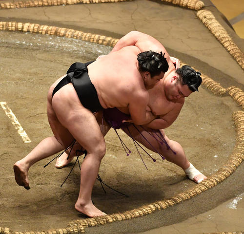 朝乃山（右）は霧馬山を寄り切りで破る（撮影・柴田隆二）