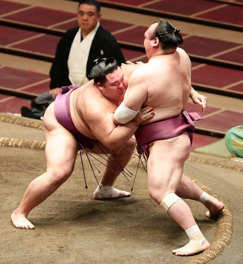 宝富士（右）を寄り切りで破った朝乃山（撮影・丹羽敏通）
