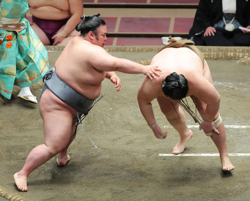 輝（右）を突き落としで下す貴景勝（撮影・河田真司）