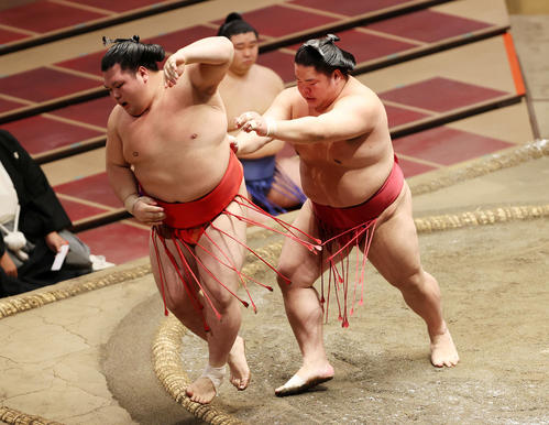 阿武咲（左）を送り出しで破る大栄翔（撮影・鈴木正人）