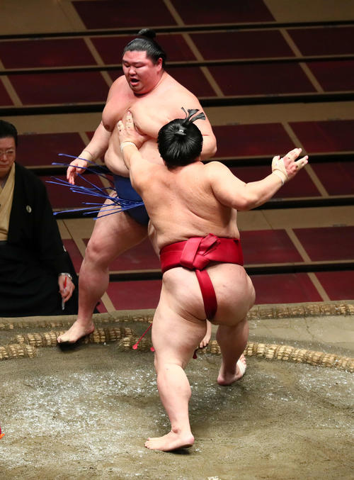 正代（後方）は突き出しで大栄翔に敗れる（撮影・足立雅史）