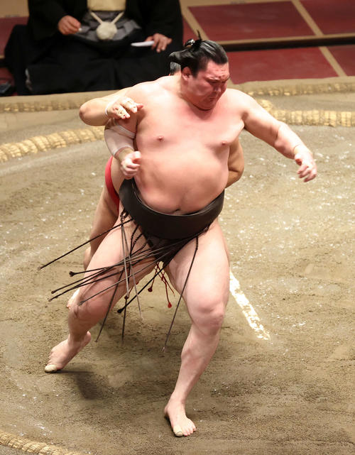 大栄翔（後方）に激しく攻められる白鵬（撮影・鈴木正人）