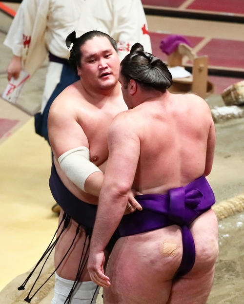 照ノ富士（左）は寄り切りで栃ノ心を破る（撮影・足立雅史）