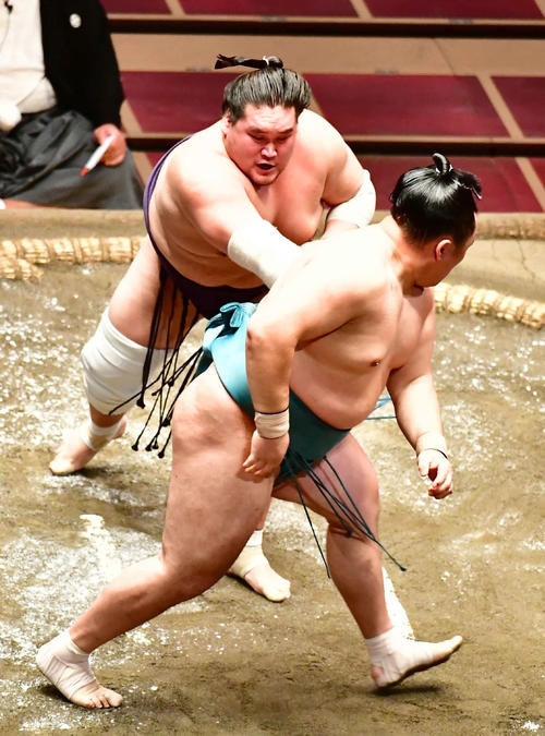 照ノ富士（左）は寄り切りで玉鷲を破る（撮影・小沢裕）