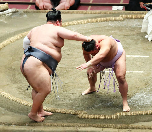 琴恵光は徳勝龍をすくい投げで破る（撮影・足立雅史）