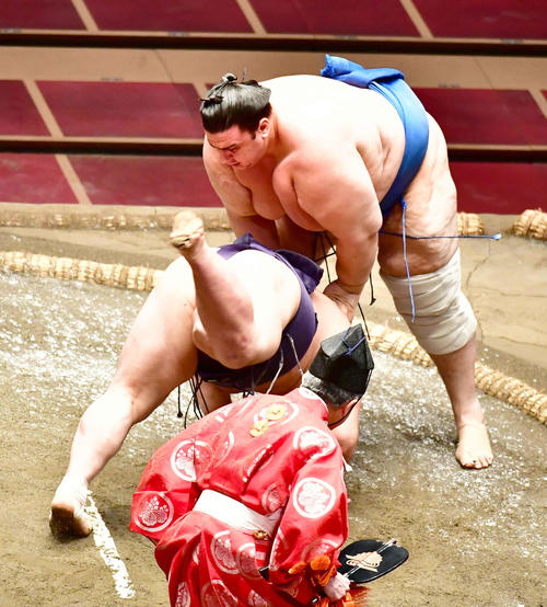 碧山（右）ははたき込みで阿武咲を破る（撮影・小沢裕）