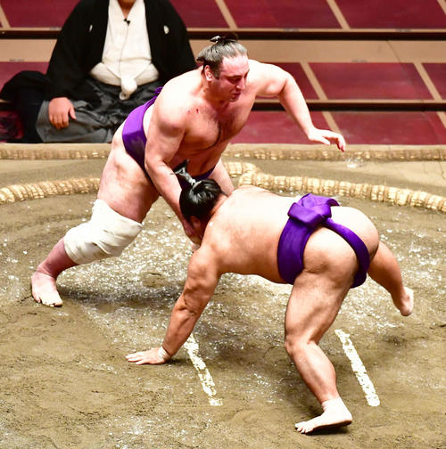 取り直しの一番で栃ノ心（左）ははたき込みで松鳳山を破る（撮影・小沢裕）