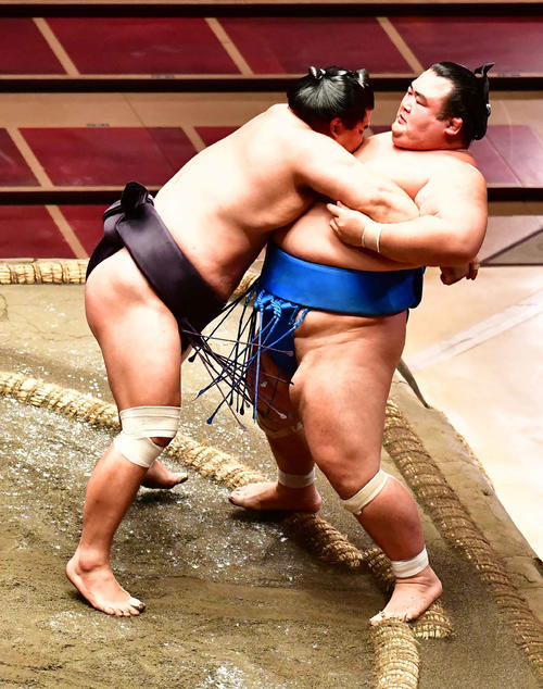 妙義龍（左）は琴奨菊を寄り切りで破る（撮影・小沢裕）