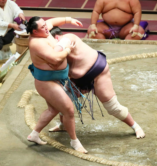 照ノ富士（右）は玉鷲に寄り切りで勝利（撮影・足立雅史）
