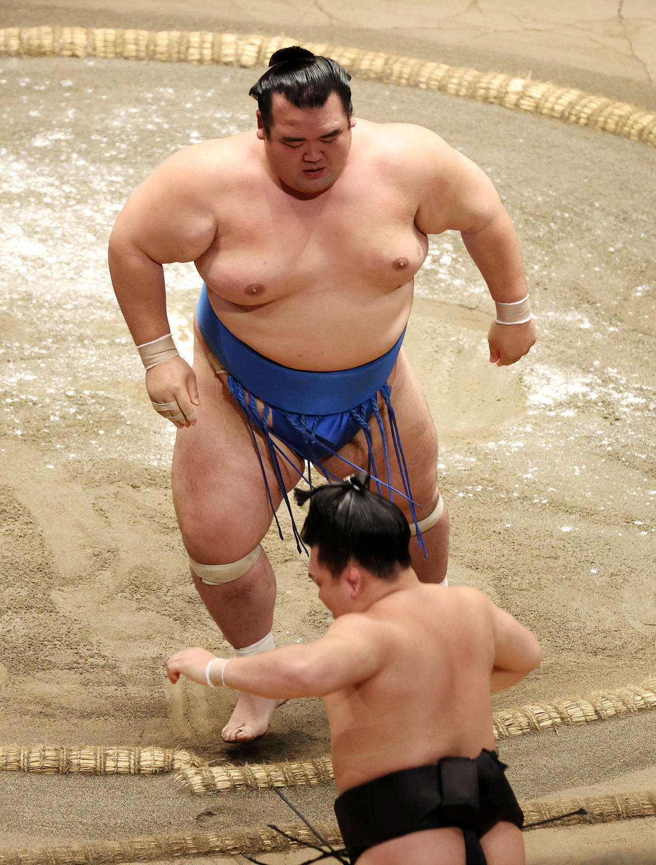 照強（手前）を寄り切りで破る琴奨菊（撮影・鈴木正人）