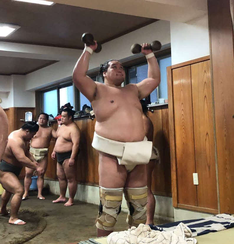 1つ10キロのダンベルを扱い汗を流す照ノ富士