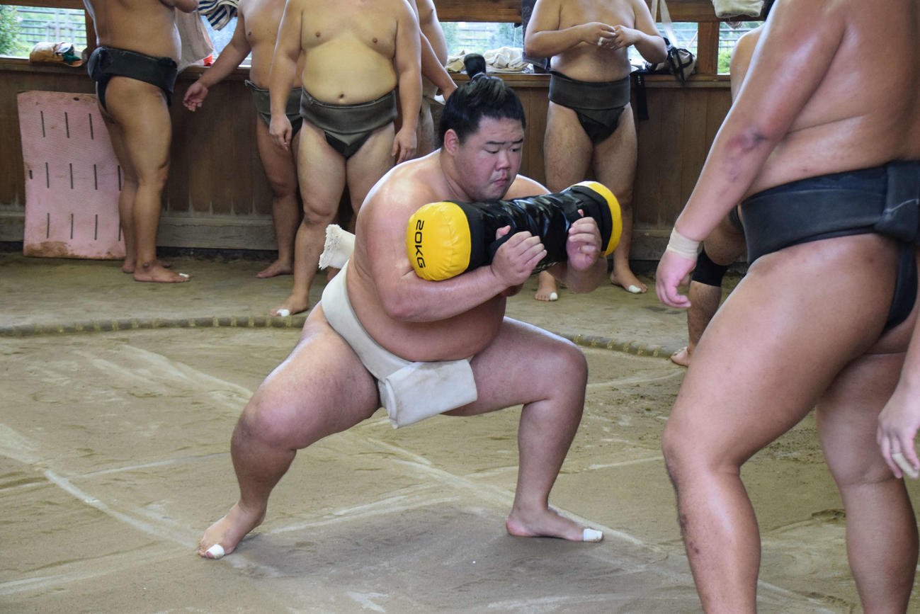 茨城県つくばみらい市の立浪部屋で稽古する明生