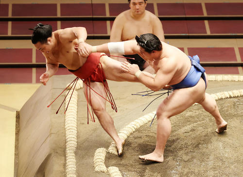炎鵬（左）を押し出しで破る若隆景（撮影・鈴木正人）