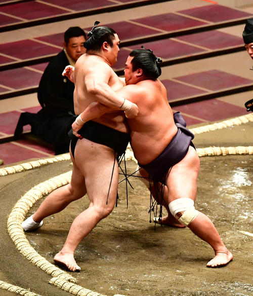 妙義龍（右）は押し出しで隠岐の海を破る（撮影・小沢裕）