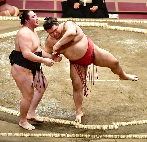 高安（右）は寄り切りで竜電を破る（撮影・小沢裕）