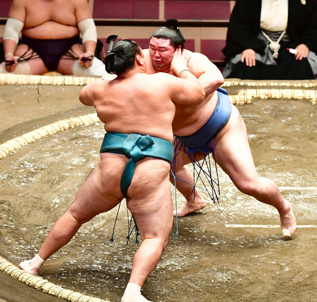 玉鷲（左）を押し出しで破る正代（撮影・小沢裕）