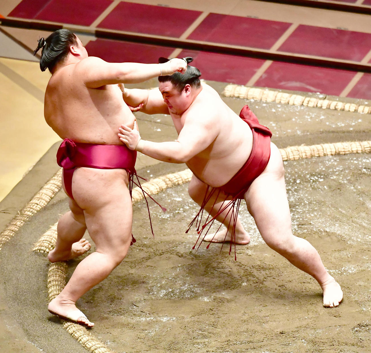 隆の勝（右）は大栄翔を押し出しで破る（撮影・小沢裕）