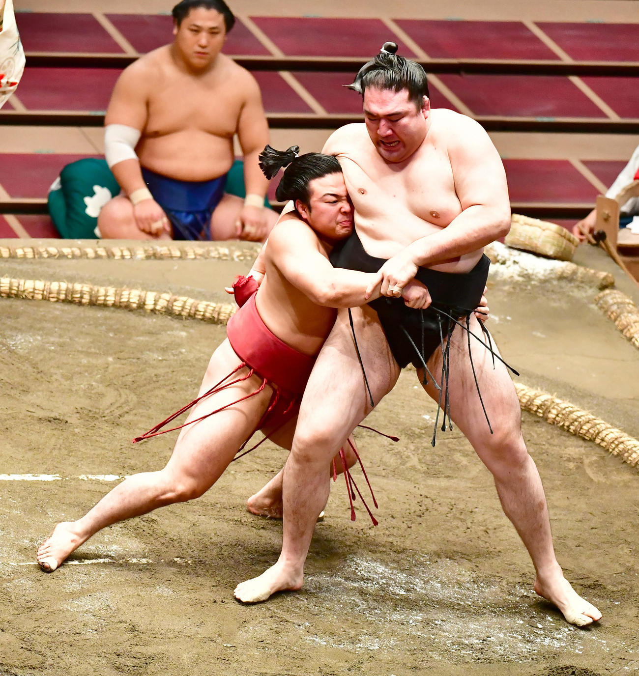 背後に回った炎鵬（左）は竜電を送り出しで破る（撮影・小沢裕）