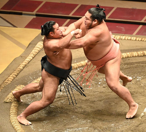 千代大龍(右)は松鳳山を突き出しで破る(撮影・山崎安昭)