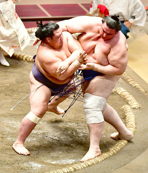阿武咲(左)は碧山を押し出しで破る(撮影・小沢裕)