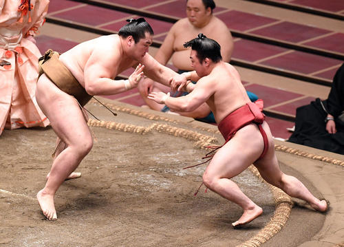 炎鵬(右)を突き出しで破る輝(撮影・滝沢徹郎)