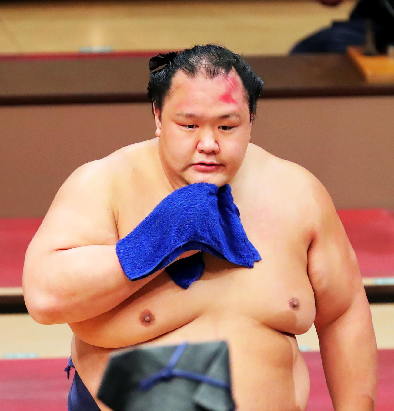 額が擦り切れる北勝富士（撮影・河田真司）