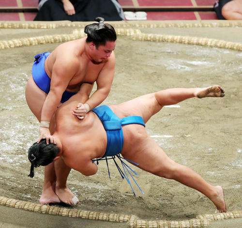 豊昇龍(右)を突き落としで破る琴勝峰(撮影・河田真司)