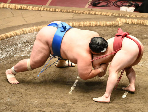 琴奨菊(左)は炎鵬に体重をのせる(撮影・山崎安昭)