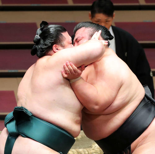 攻め合う豊山(左)と貴景勝(撮影・河田真司)