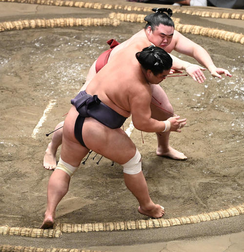 隆の勝(後方)は妙義龍を押し出す(撮影・山崎安昭)