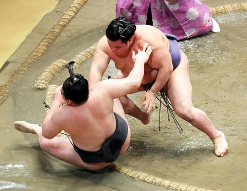 竜電(左)を押し倒しで破る阿武咲(撮影・河田真司)