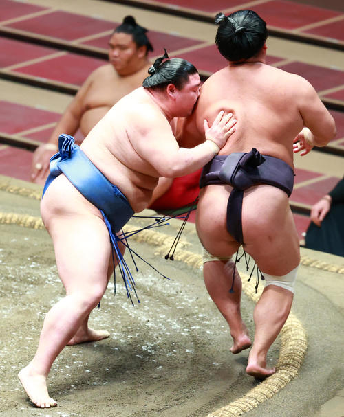 妙義龍(右)を送り出しで破る正代(撮影・中島郁夫)