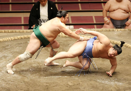 翔猿(右)を突き落としで破る佐田の海(撮影・鈴木正人)