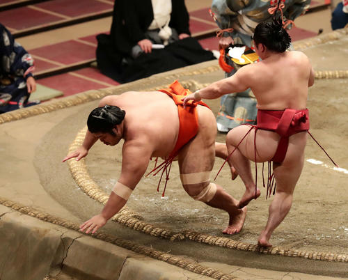 志摩ノ海（左）を引き落としで破った炎鵬（撮影・丹羽敏通）