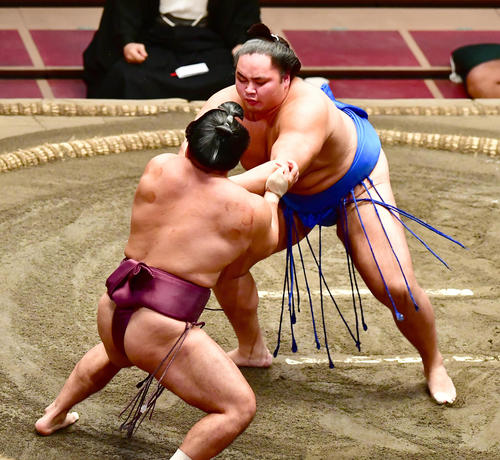 琴勝峰（右）は石浦を突き出しで破る（撮影・小沢裕）