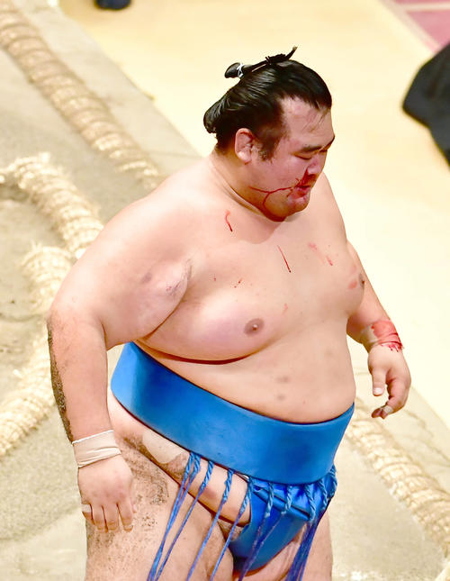 顔面から流血する琴奨菊（撮影・小沢裕）